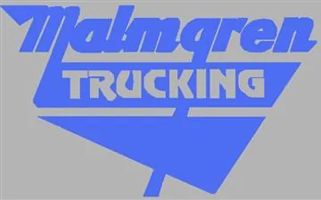 Blue Malmgren Trucking logo with arrow design on gray background