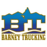 Barney Trucking logo with blue silhouette of mountains and truck above gold text