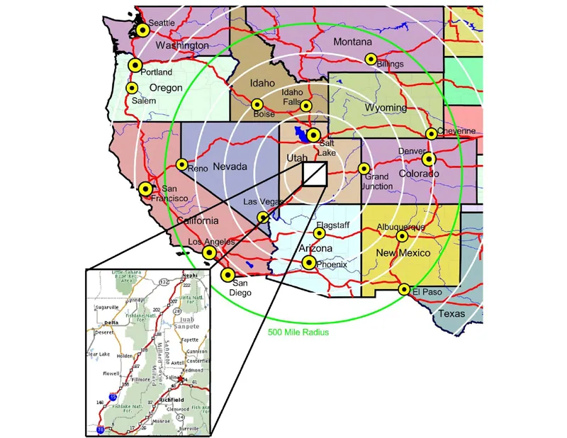 Western United States map showing 500 mile radius from central Utah with marked cities and state boundaries